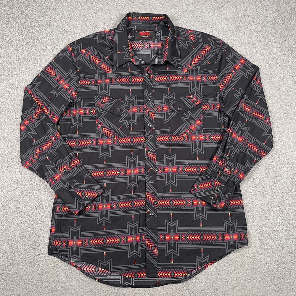 Rock & Roll Denim Pearl Snap Shirt Mens XL Black Aztec Long Sleeve Cowboy‎ Ranch